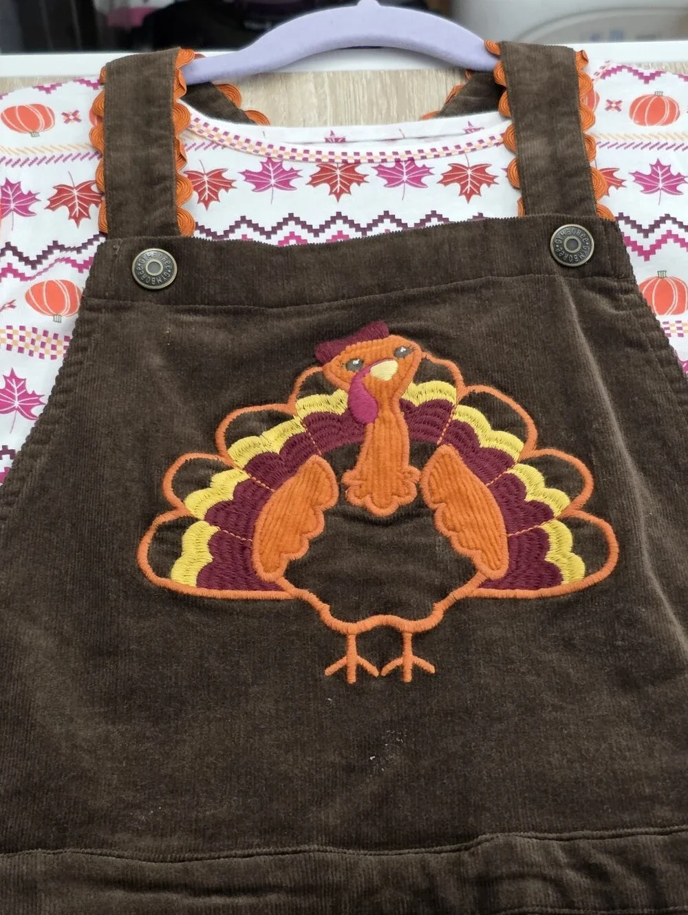 Gymboree Girls Thanksgiving Corduroy Turkey Overall Dress & Shirt Outfit Size 12